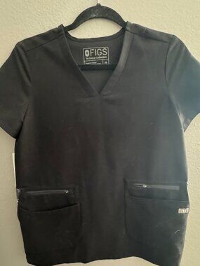 Rare FIGS Limited Edition Black "Accra" Feather Trim Scrub Top - XS